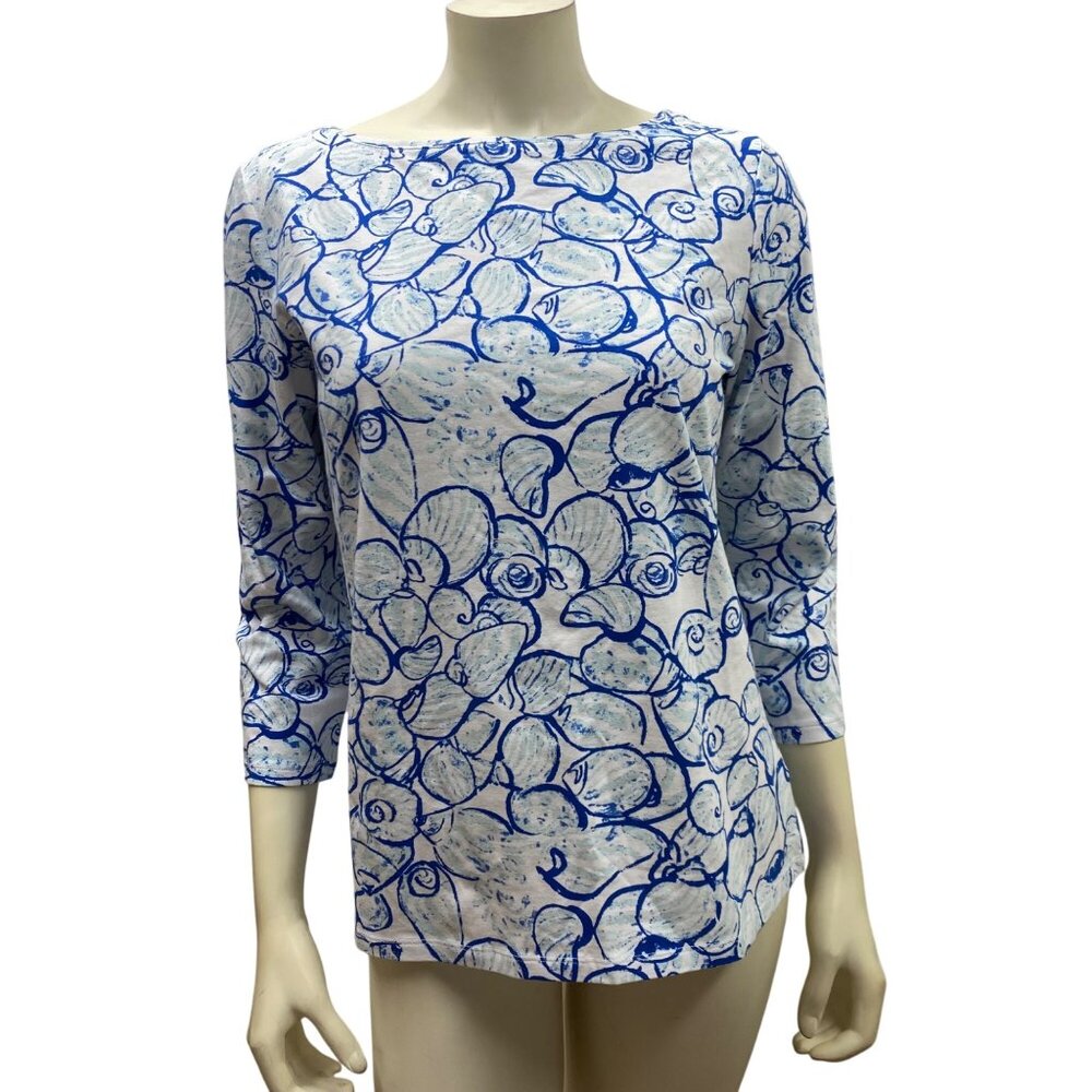 Talbots Womens 3/4 Sleeve Blue & White Seashell Print Top‎ Cotton Blend Md